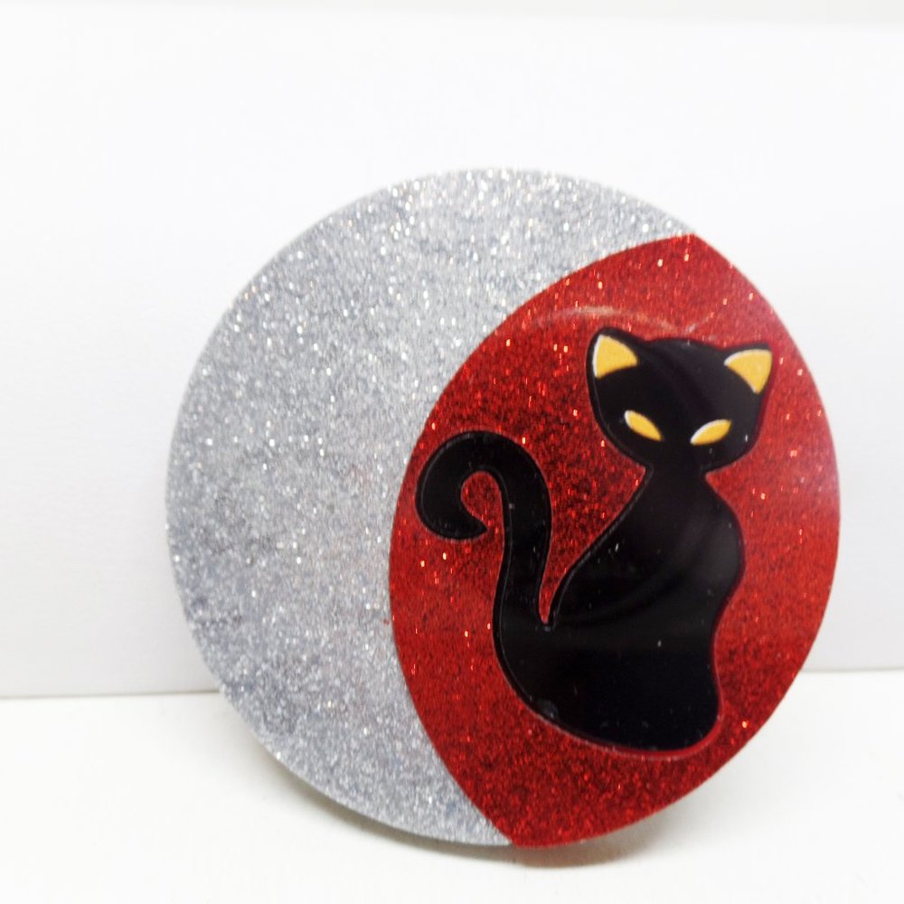 Fabulous Limited Edition Black Cat in Moon Acrylic Brooch